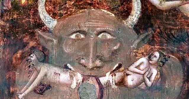 Фреска XIVв антихрист на фреске в бенедиктинском монастыре. Помпоза, Италия / изображен путин