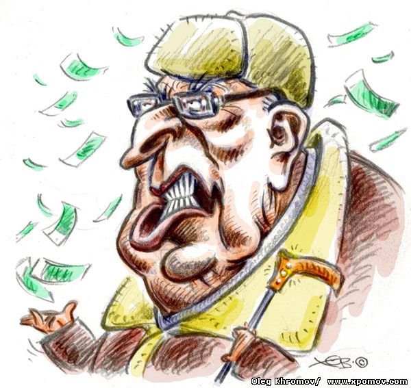 Карикатура Жириновский раздаёт деньги холопам и крепостным на ярмарке на Красной площади